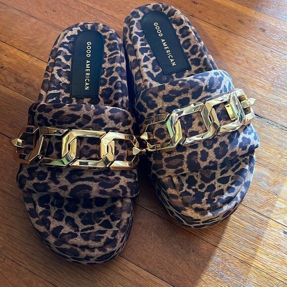 Good American Zoey Chain Platform Slides Leopard New Size 6 - Picture 2 of 8